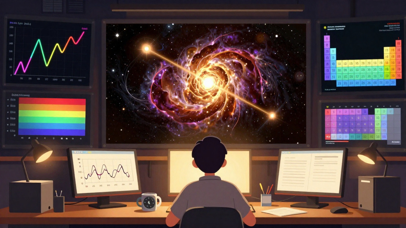 Person at desk analysing charts and a cosmic galaxy on multiple computer screens in a dimly lit room.