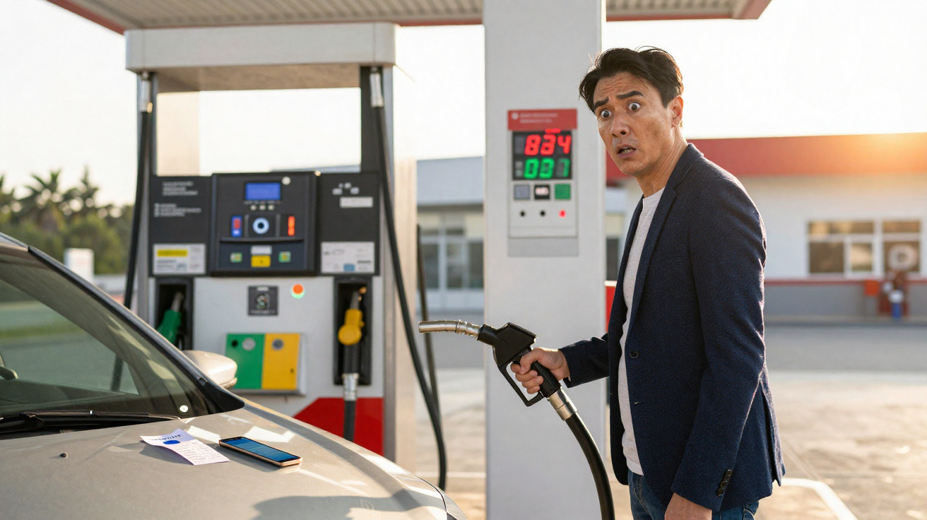 Man at petrol station shocked by high fuel price while holding pump nozzle beside his car.