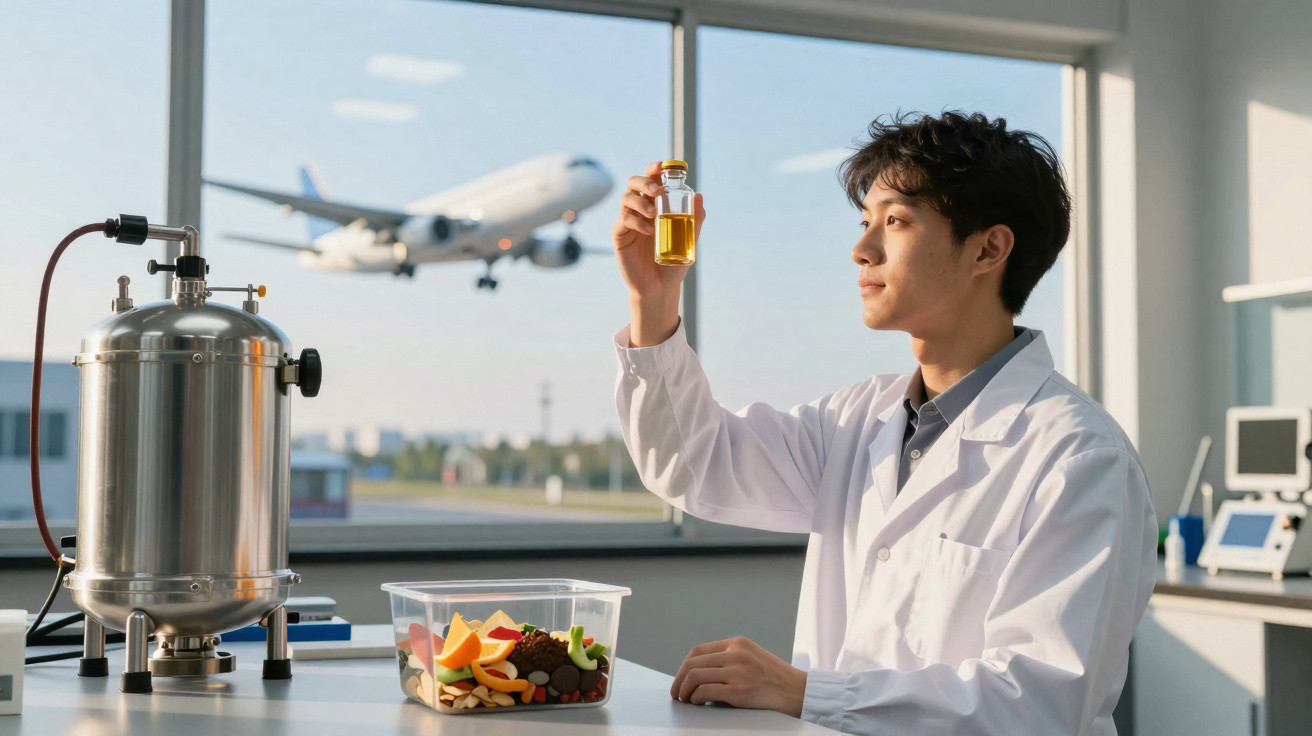 Scientist in a lab coat holding a vial of liquid with an airplane landing outside a large window behind him.