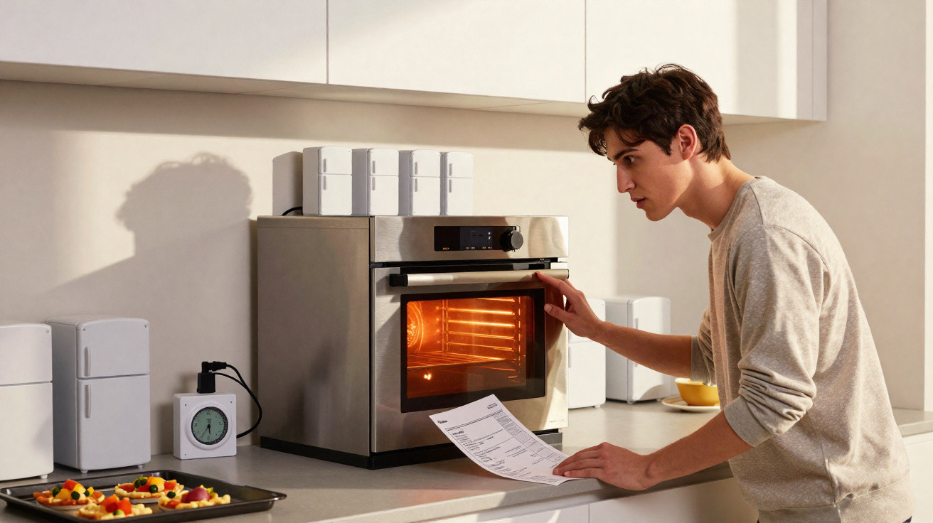 Young man checking a recipe while watching food cook in a modern stainless steel oven in a kitchen