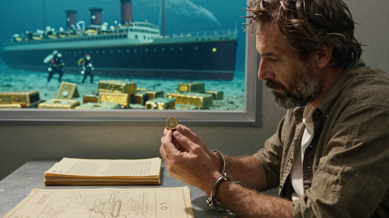 Man in handcuffs examines a coin at a table with blueprints, with divers and a sunken ship visible through a window.