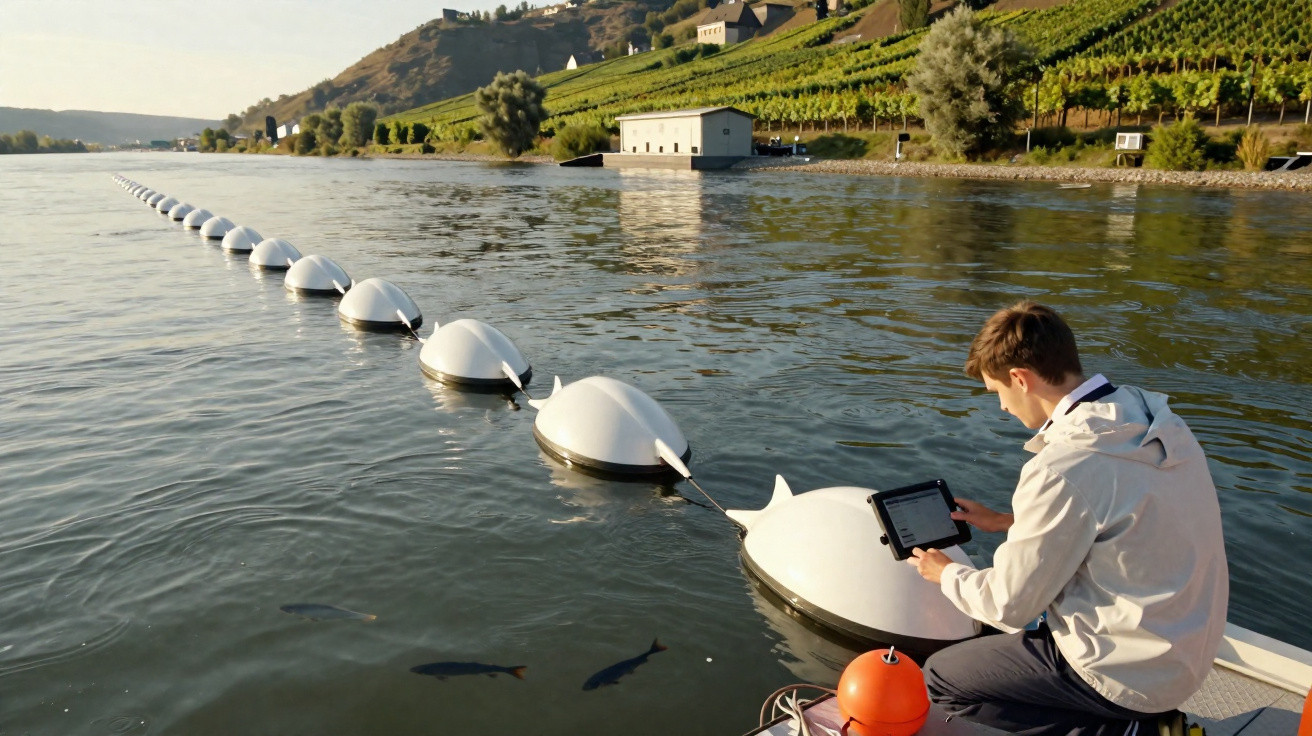 Man using a tablet while sitting next to connected floating buoys in a river with hills and vineyards in the background