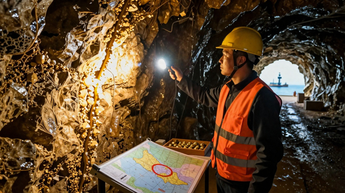 Miner in orange vest and helmet inspecting minerals inside a dark cave with a map on a stand nearby.