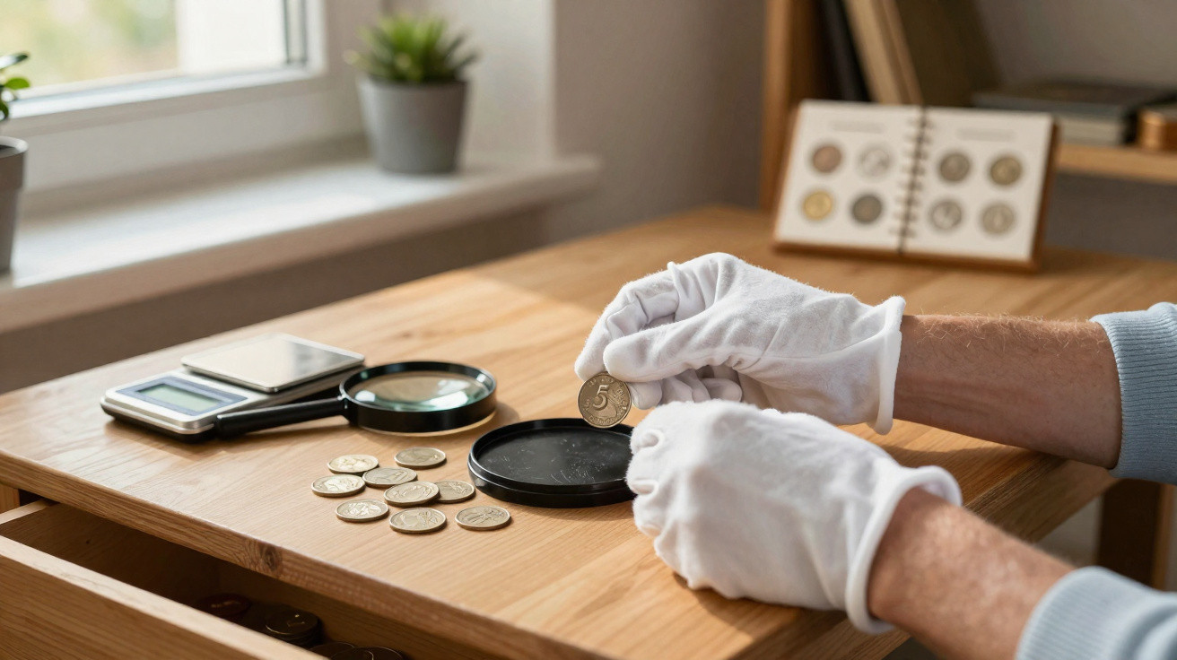 Person wearing white gloves examining a coin on a wooden desk with magnifying glass and coins.