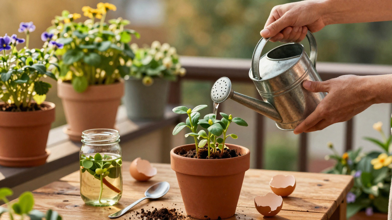 Hands watering a small potted plant on a wooden table with flowers and eggshells in the background.