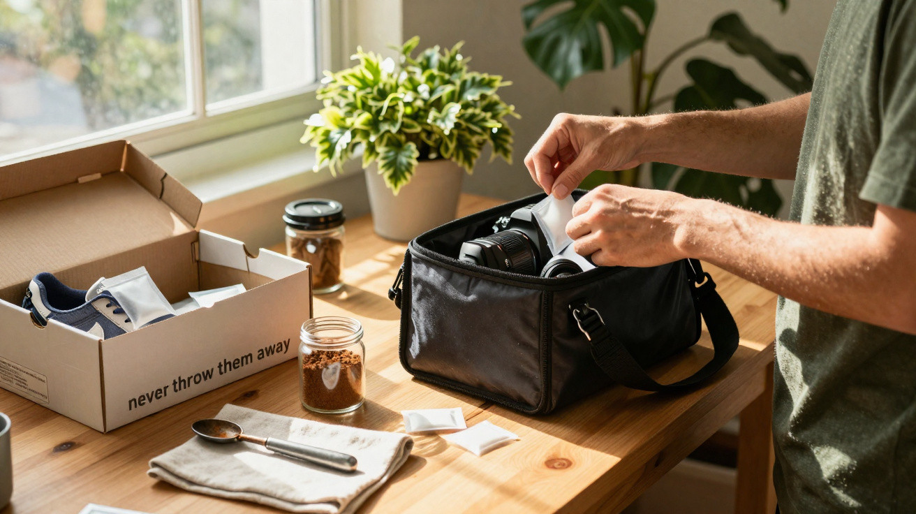 Person packing camera gear into a black bag on a wooden table beside a plant and shoe box with recycling message.