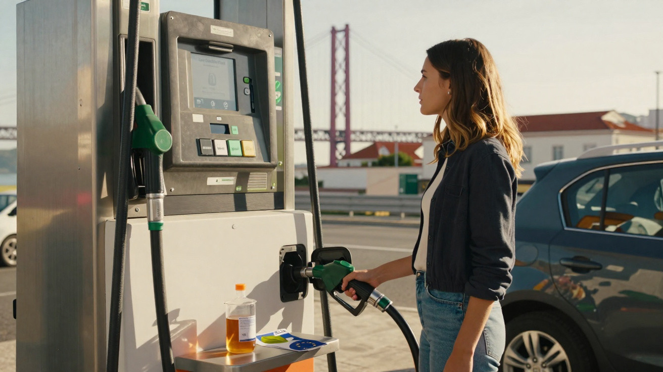 Woman refuelling her car at a petrol station with a bridge in the background on a sunny day.