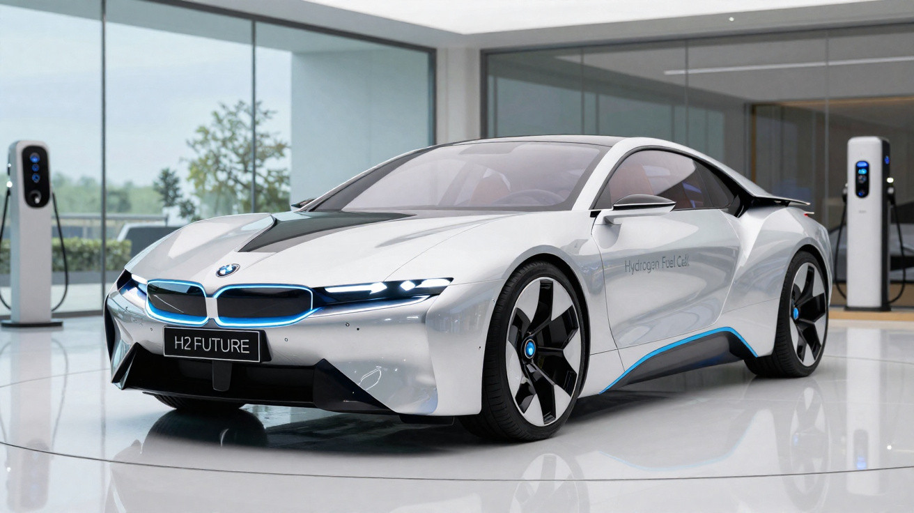 Silver BMW hydrogen fuel cell sports car with blue accents displayed indoors near charging stations