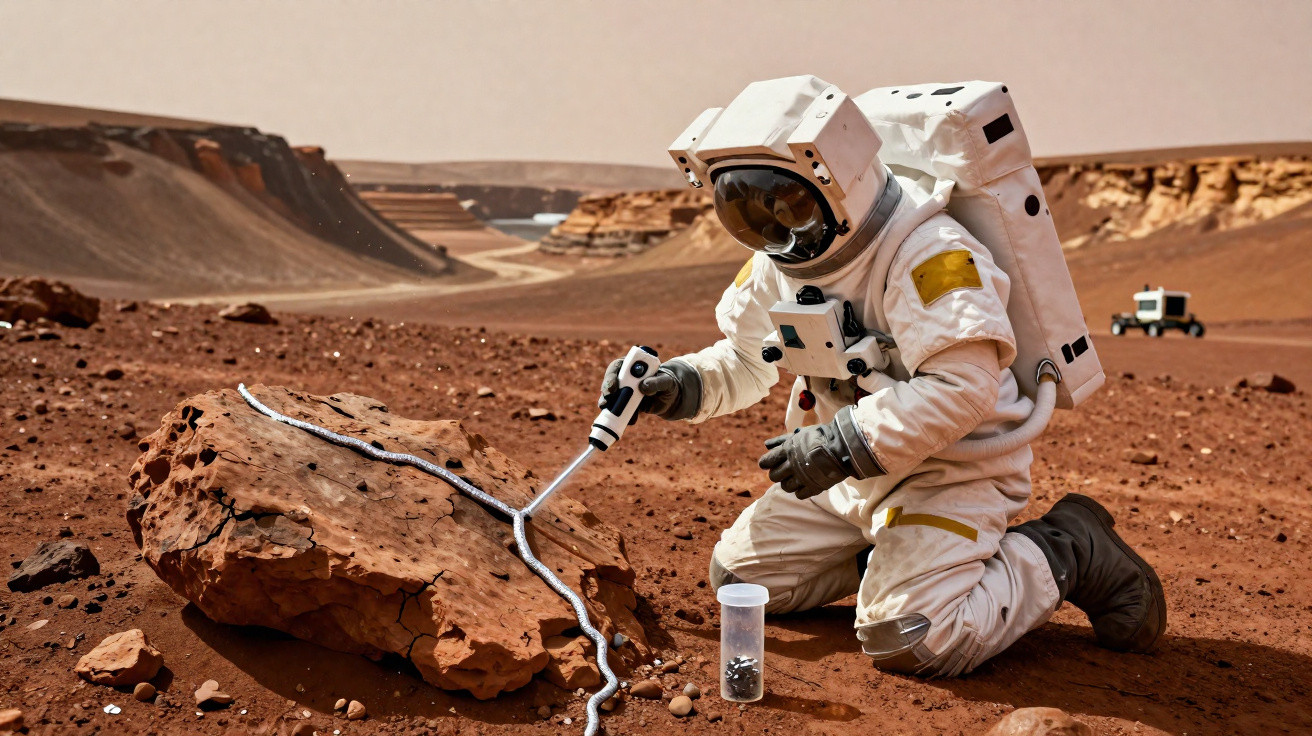 Astronaut in white suit collecting rock samples on a red, rocky planet surface with canyon landscape.