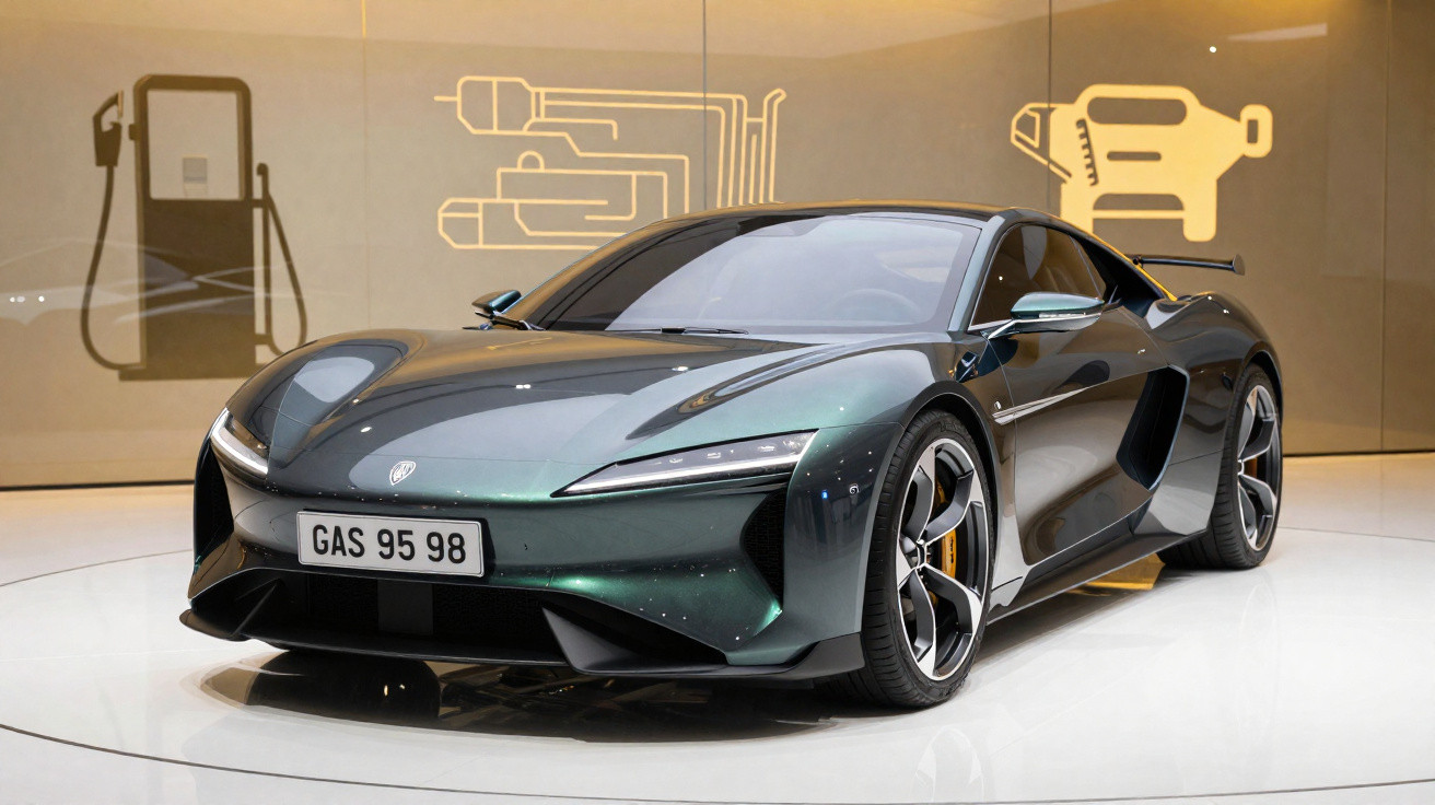 Sleek dark green sports car with aerodynamic design, displayed indoors against a wall with fuel-related graphics.