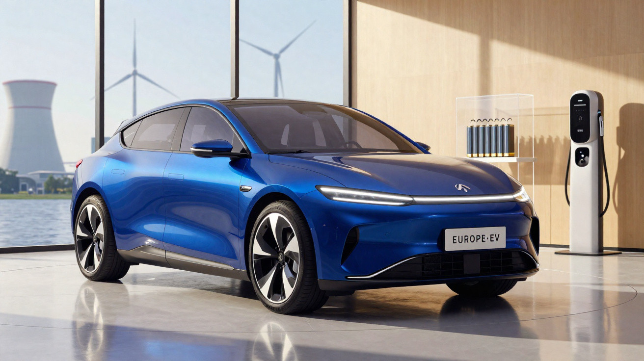 Blue electric car parked inside near a charging station, with wind turbines and industrial building visible outside.
