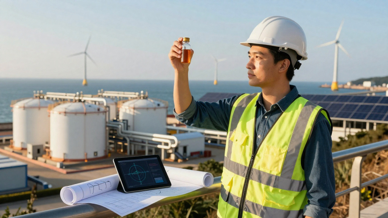 Engineer in hard hat and hi-vis vest examining biofuel sample at renewable energy plant with wind turbines and solar panels.