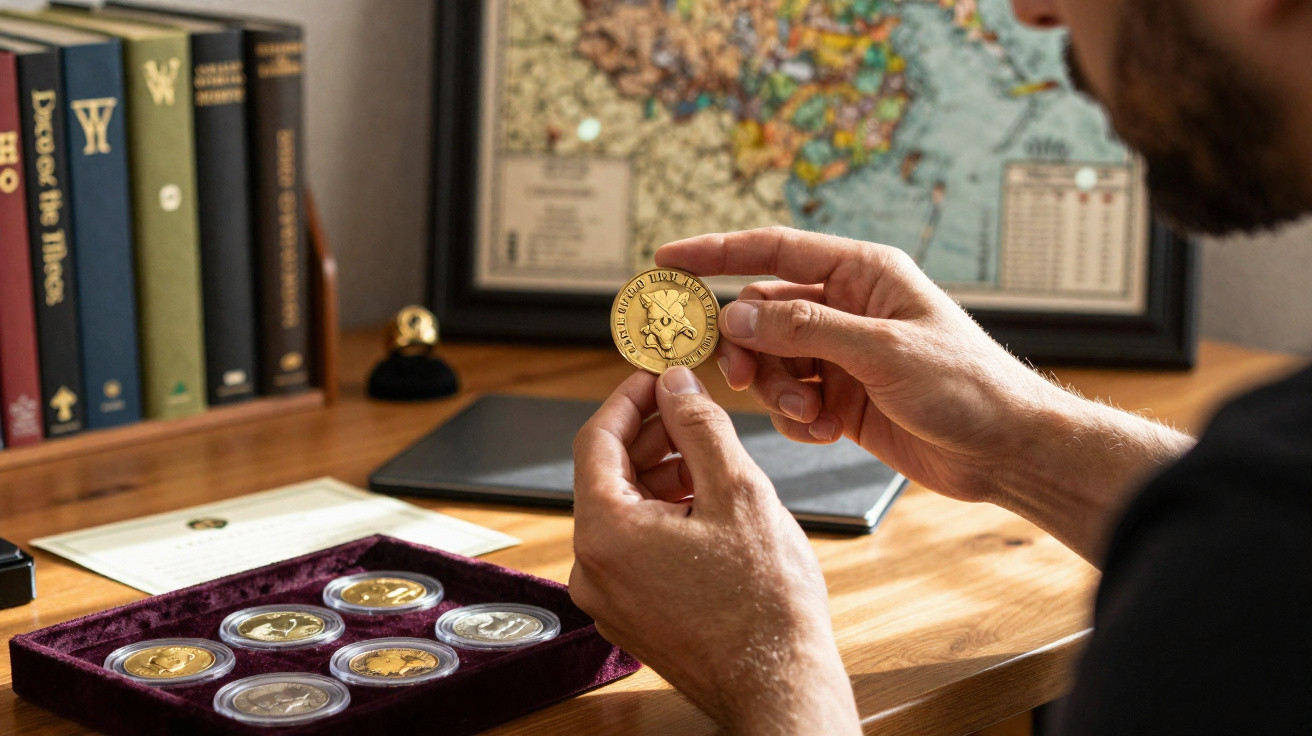 Person holding a gold coin above a collection of coins in protective cases on a wooden desk.