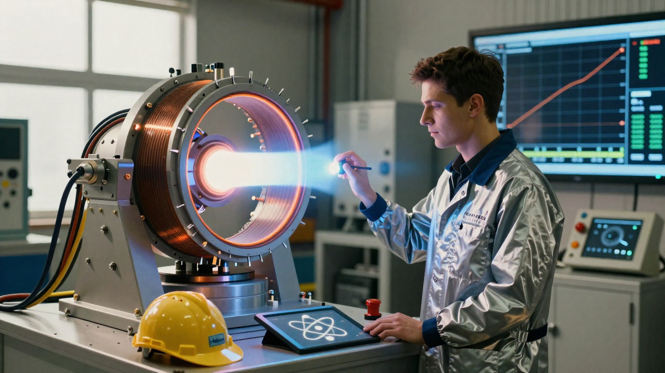 Scientist in silver lab coat operating advanced plasma machine with glowing blue beam in laboratory.