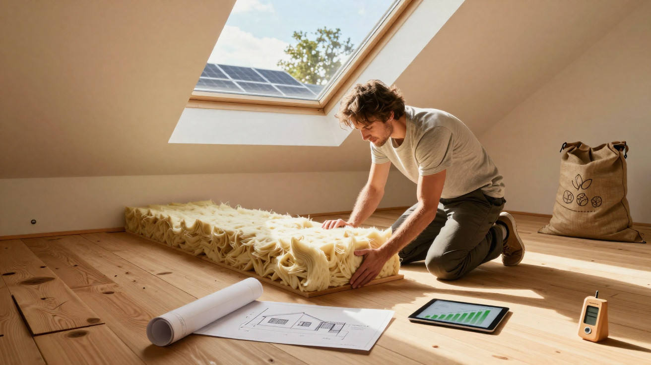 Man inspecting an insulation material on a wooden floor in a bright attic with a skylight window.