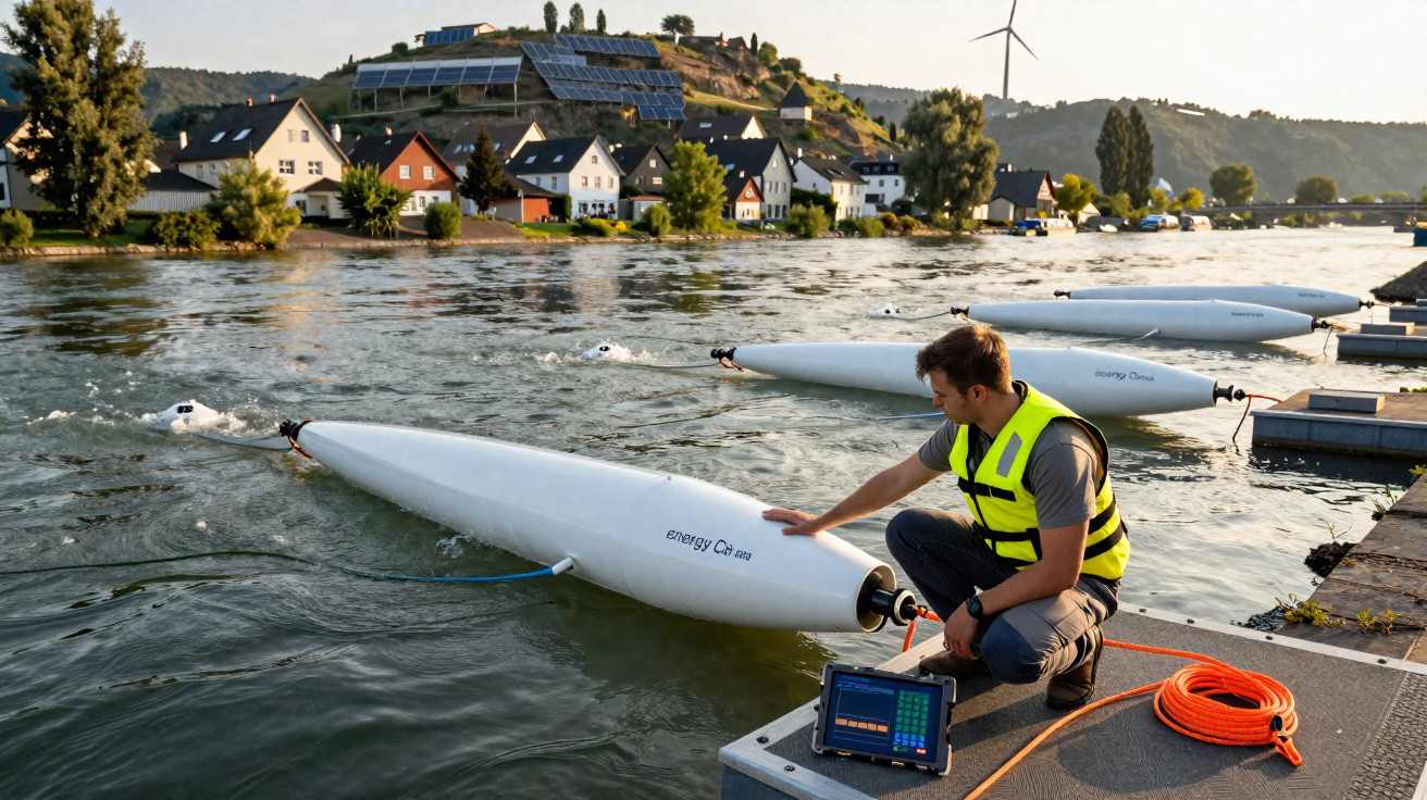 Man in high-visibility vest monitors a water turbine device floating in a river near a village with solar panels and wind tur