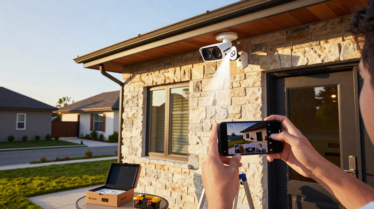 Person using smartphone to view live footage from a security camera installed on a house exterior wall.