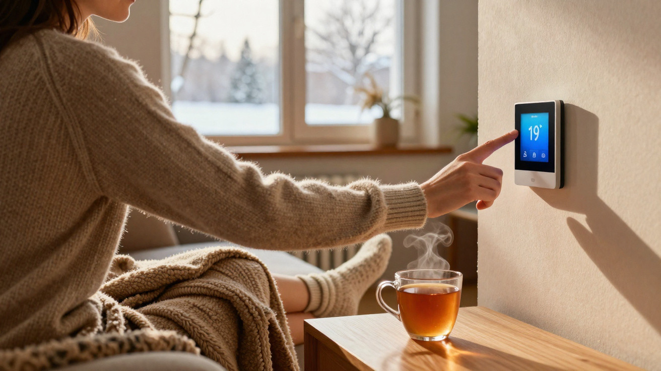 Person adjusting a wall thermostat set to 19°C with a steaming cup of tea on a table nearby.