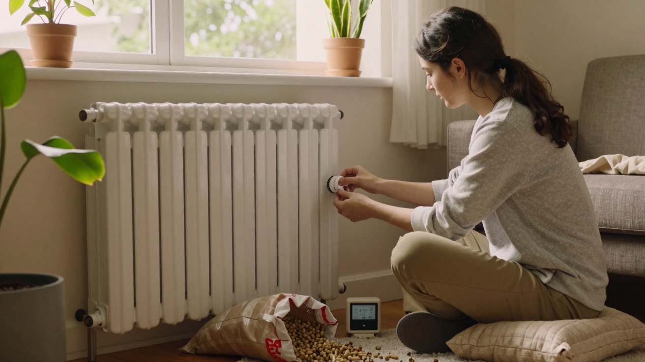 Woman adjusting a home radiator thermostat next to a spilled bag of wooden pellets in a bright living room.