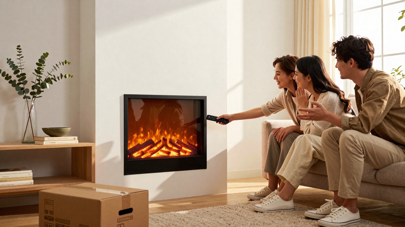 Three people sitting on a sofa enjoying a modern electric fireplace in a bright living room with a cardboard box nearby.