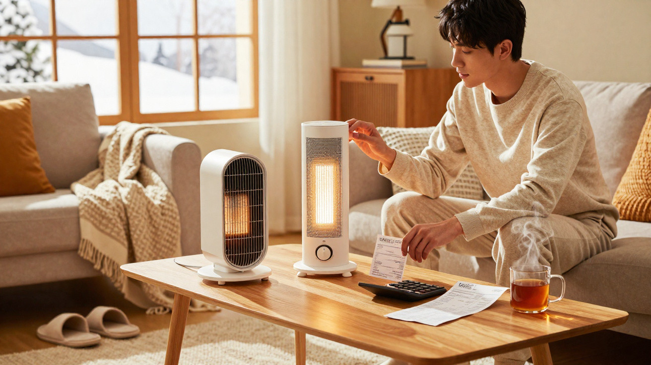 Man adjusting electric heater on table in cosy living room with papers and steaming cup of tea nearby