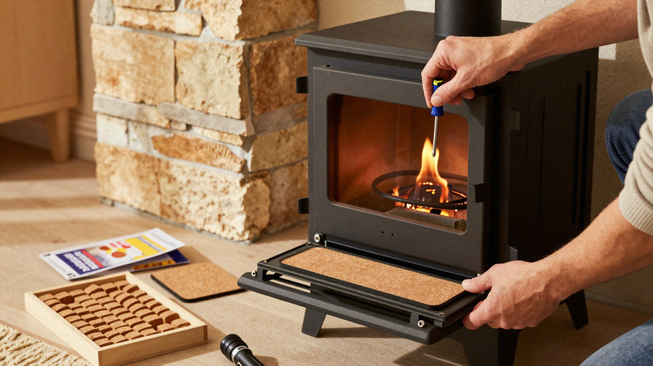 Person lighting a fire inside a black wood-burning stove next to a stone wall and wooden floor.