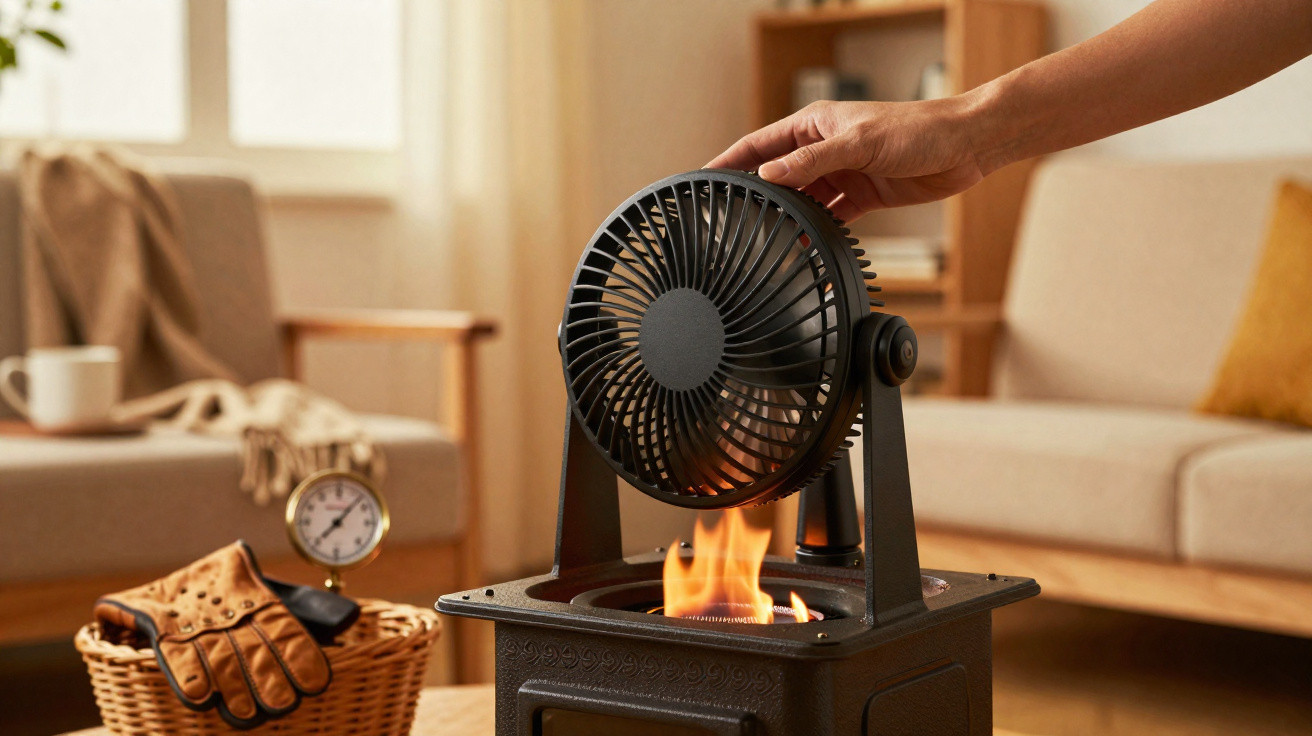 Person adjusting a small black fan blowing warm air from a wood-burning stove in a cosy living room.