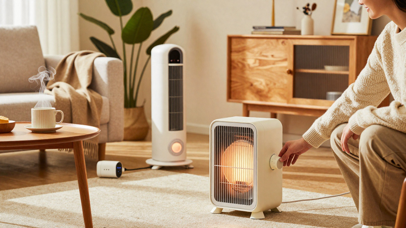 Person adjusting a small electric heater in a cosy living room with a tall heater and steaming mug nearby.