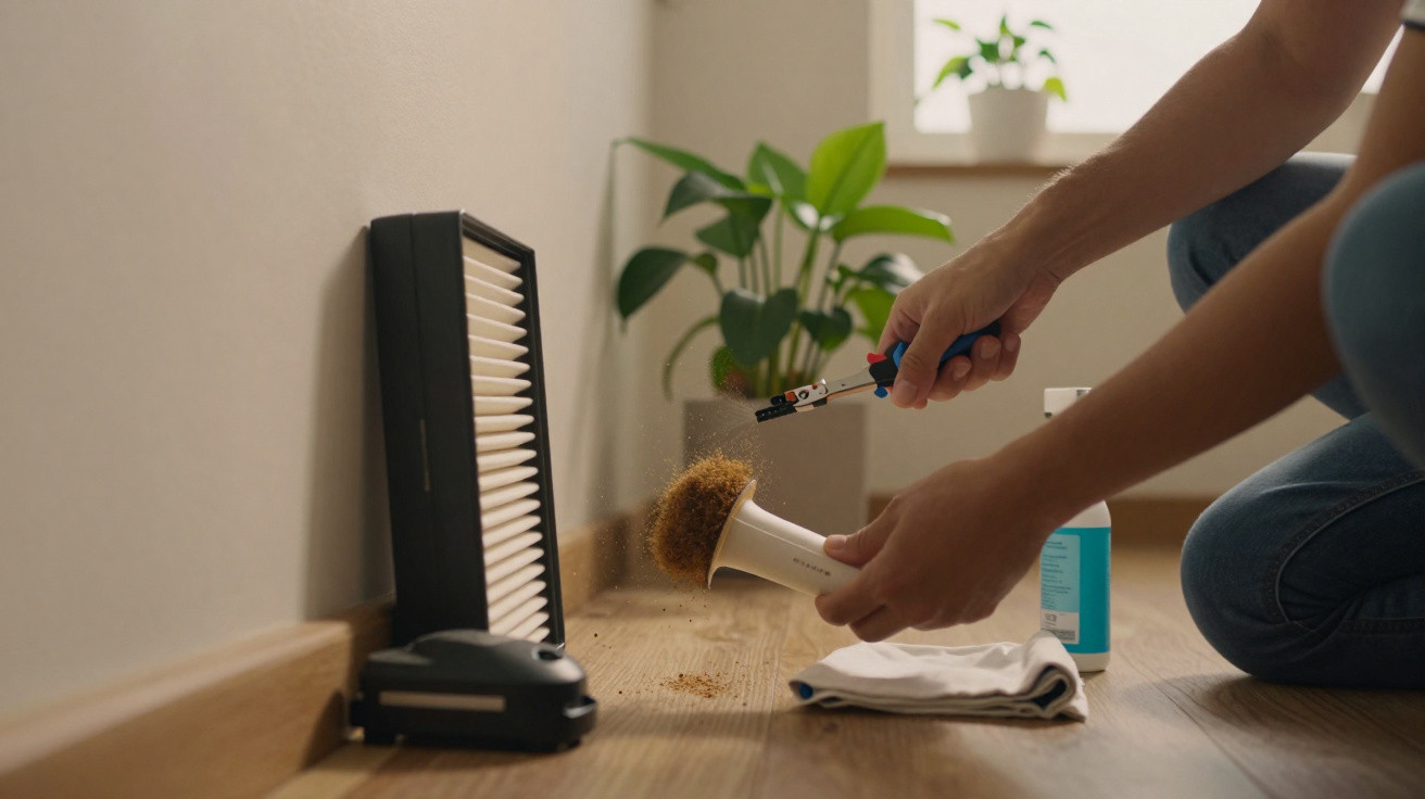 Person cleaning a vacuum filter with a brush on a wooden floor beside a potted plant.