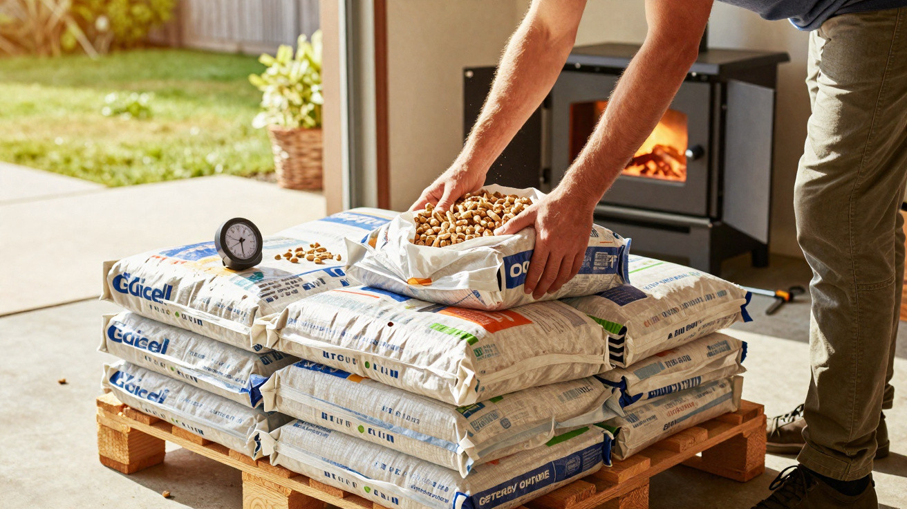 Person handling a bag of wood pellets on a stack of pellet bags next to a burning wood stove in a sunlit room.