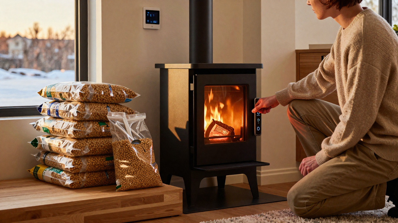 Person kneeling by a black wood-burning stove with fire inside, adjusting controls, next to a stack of fuel pellets.