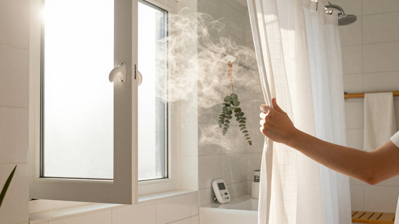 Hand opening a window in a steamy bathroom with a shower curtain and hanging eucalyptus branches visible.