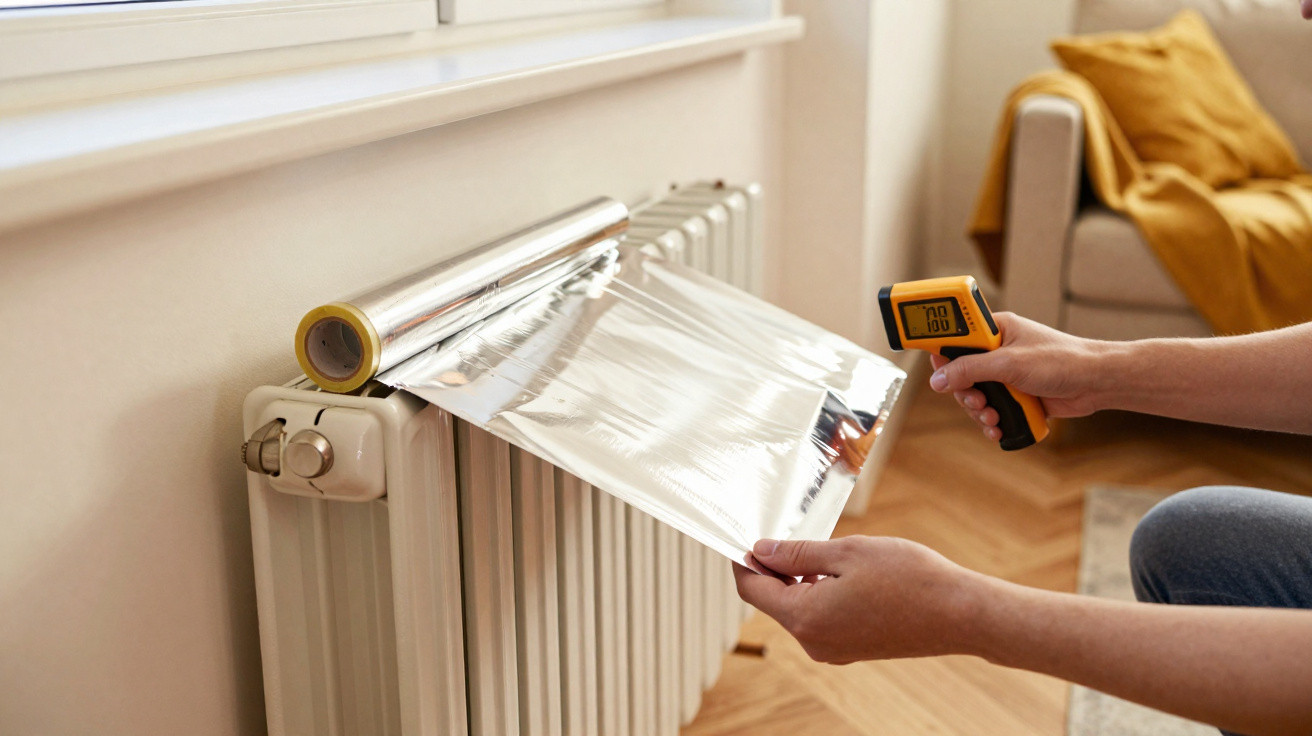 Person applying reflective foil insulation to a radiator while measuring temperature with an infrared thermometer
