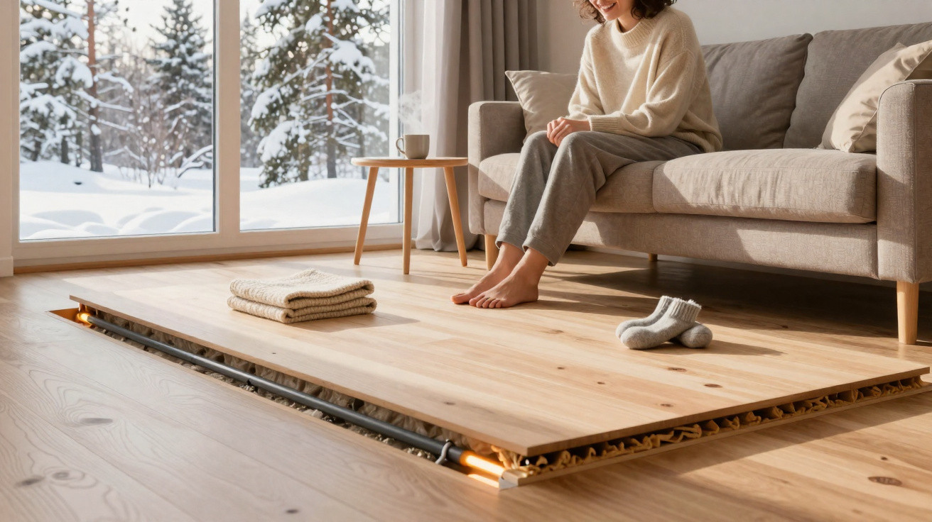 Woman sitting on a sofa with heated floor panel raised, showing underfloor heating system in a snowy living room.