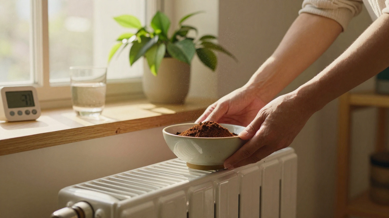 Person drying a bowl of ground coffee by placing it on a radiator in a sunlit room.
