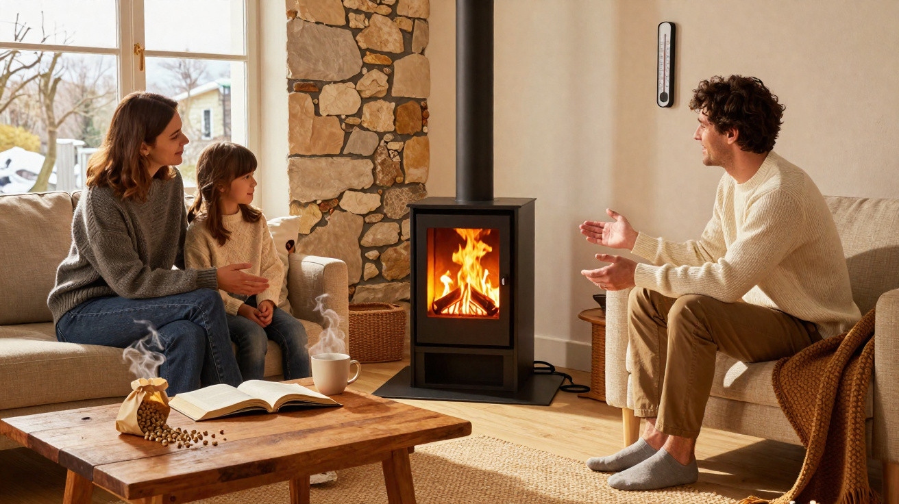 Family sitting in a living room warming by a wood-burning stove with mugs on a wooden table nearby.