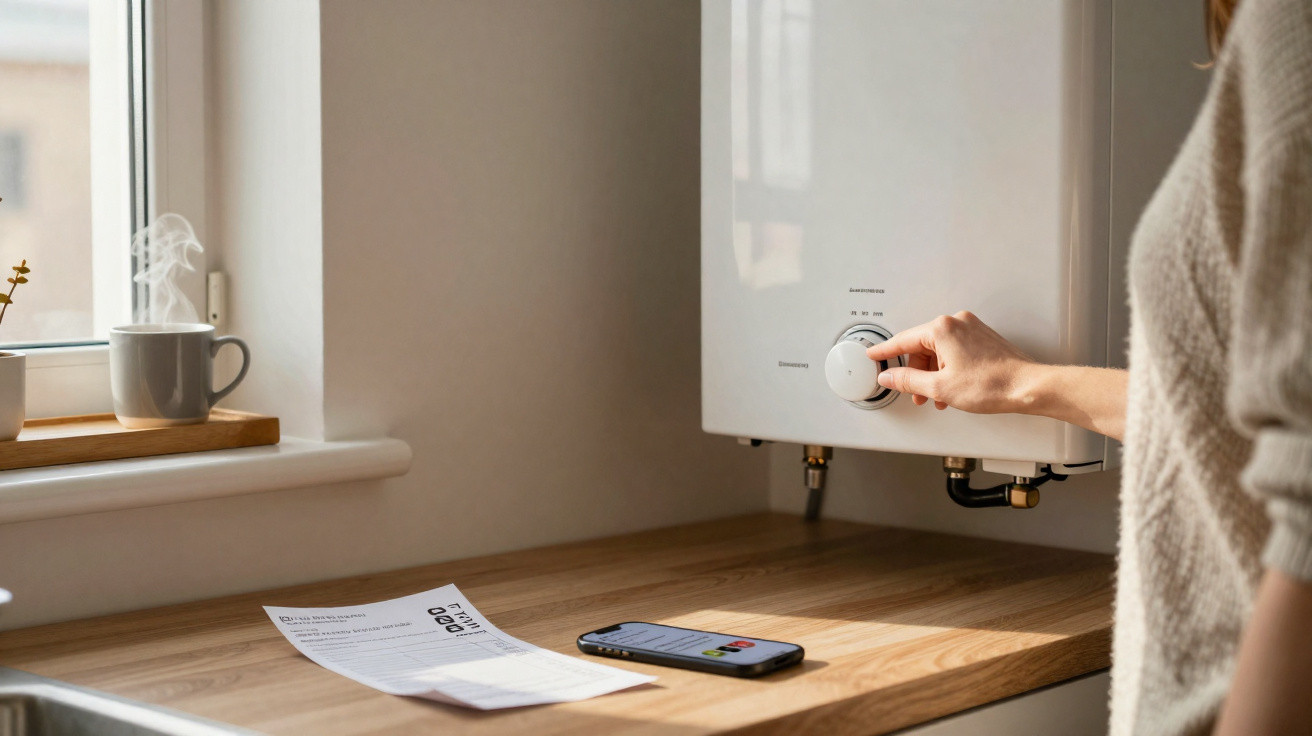 Person adjusting thermostat on wall-mounted boiler in a kitchen with wooden countertop and steaming mug nearby
