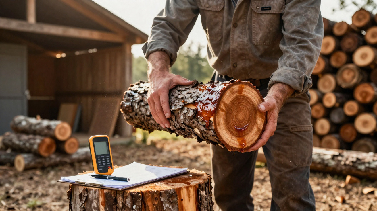 Person holding a freshly cut tree log with sap dripping, clipboard and measuring device on a tree stump nearby.