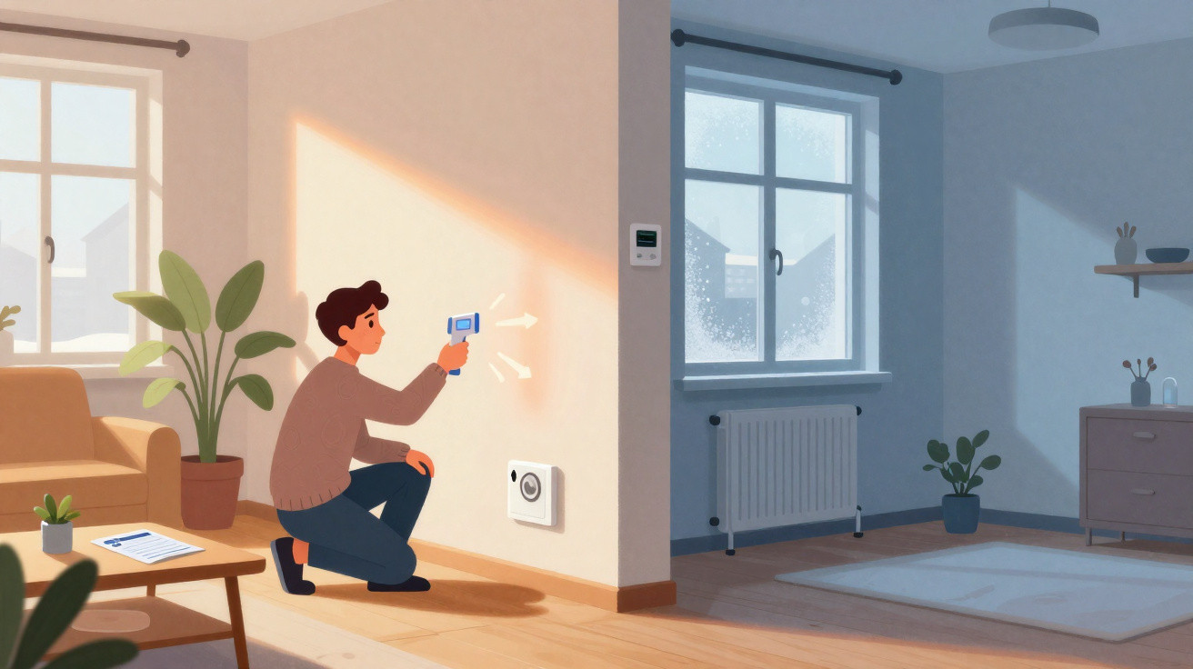 Person using a handheld device to measure indoor air quality in a sunlit room with plants and furniture.