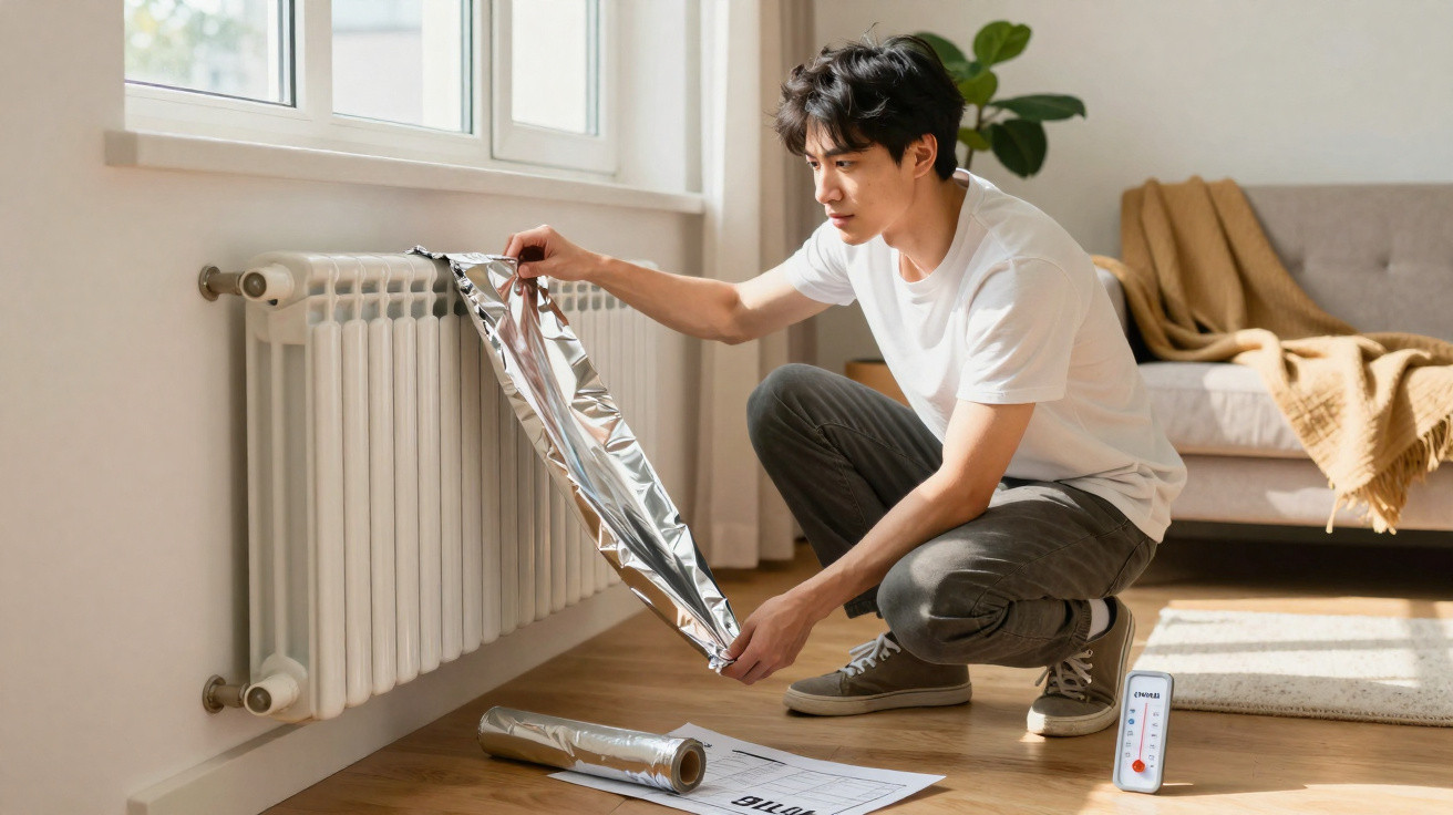 Man in white t-shirt covering radiator with reflective foil in a bright living room.