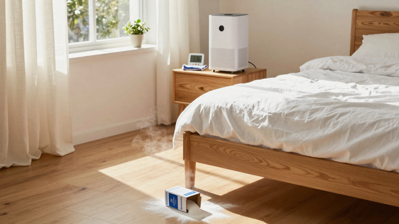 Sunlit bedroom with wooden bed, white bedding, bedside table with air purifier, and a spilled box on wooden floor.