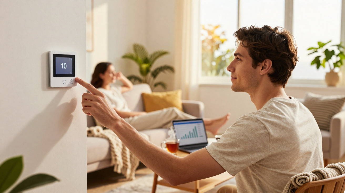 Young man adjusting thermostat on wall in a bright living room with woman relaxing on sofa in the background.