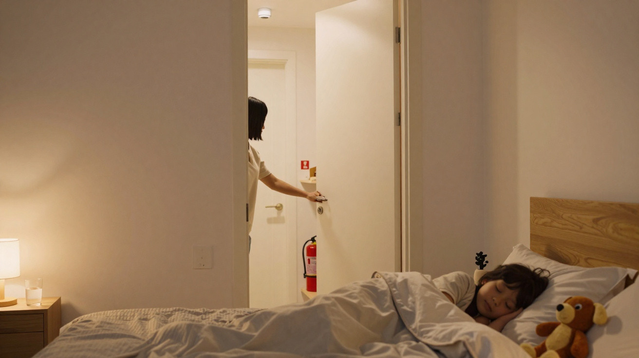 Child sleeping peacefully in bed with teddy bear as an adult opens the bedroom door softly at night.