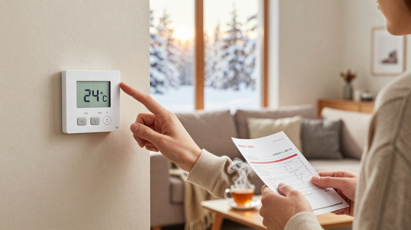 Person adjusting a thermostat to 24°C indoors with a snowy garden visible through the window.