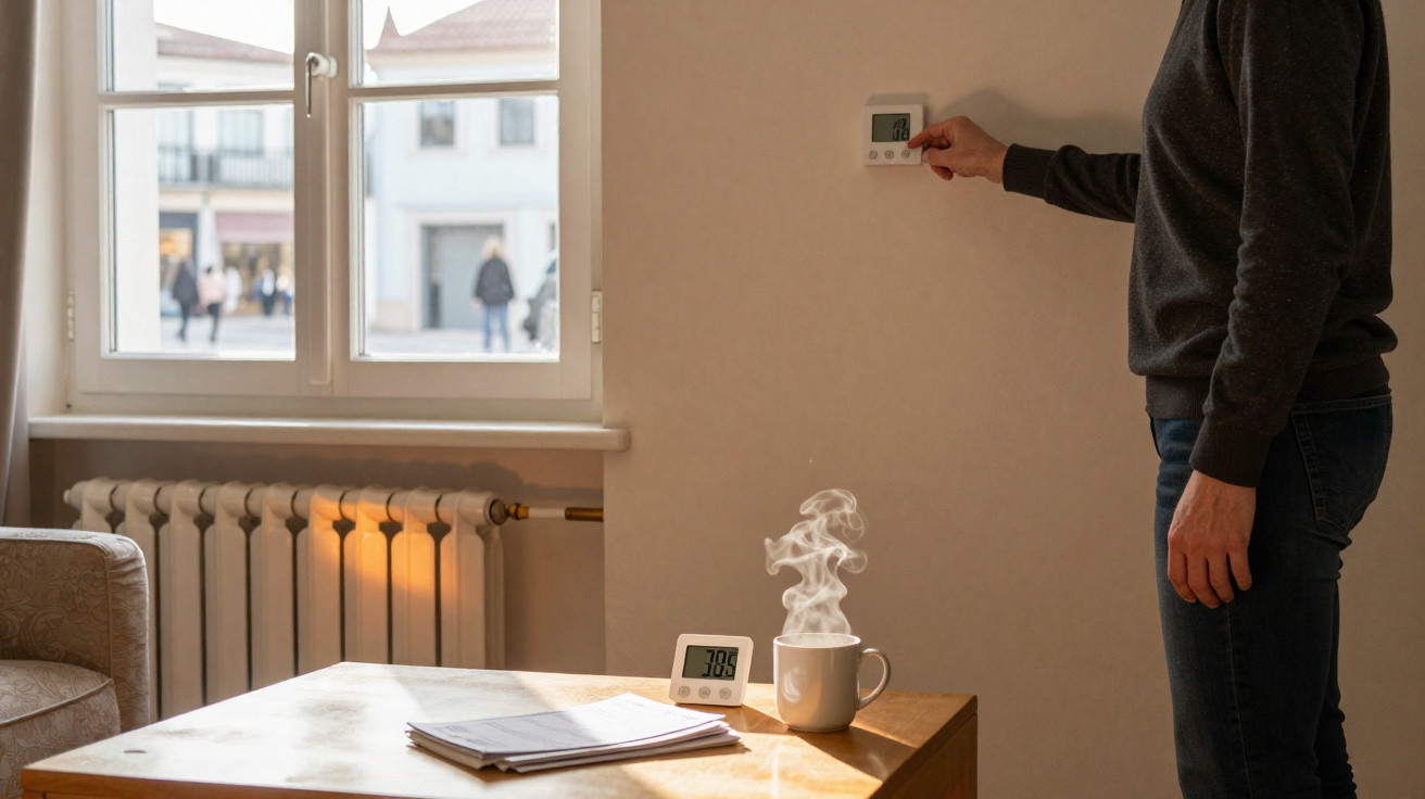 Person adjusting a wall thermostat in a living room with a steaming mug and digital thermometer on a wooden table.