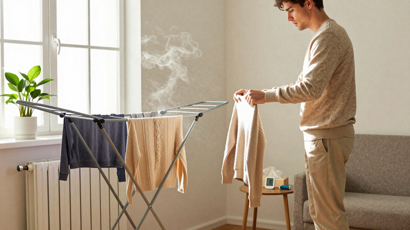 Man steaming a jumper indoors near a drying rack with clothes and a bright window background