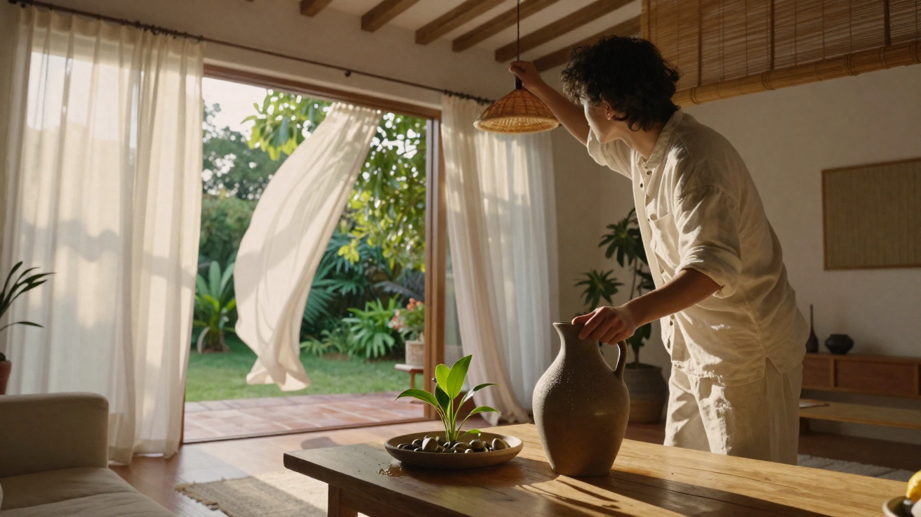 Person in light clothing opening curtains to a sunlit room with plants and wooden furniture.