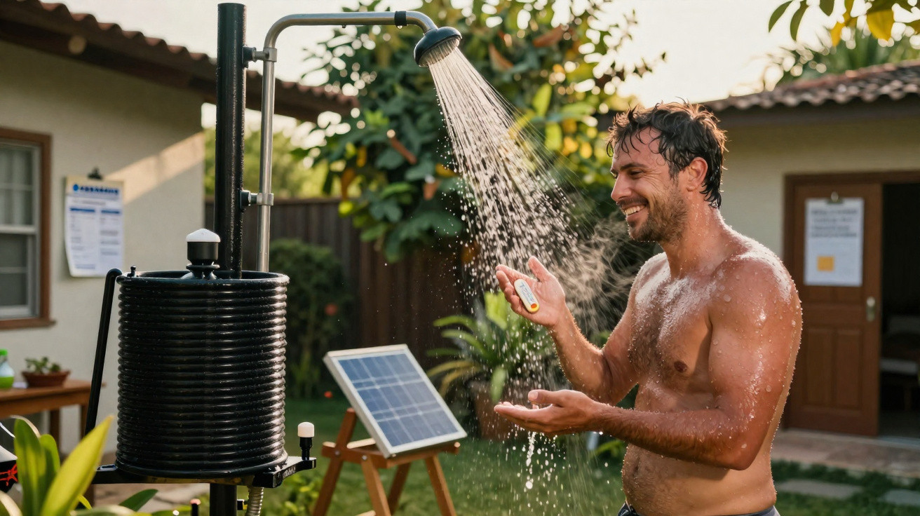 Man happily showering outdoors using a solar-powered outdoor shower in a garden setting.