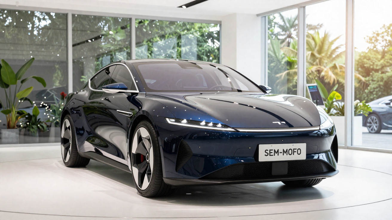 Sleek black electric sports car displayed in showroom with large windows and plants in the background.