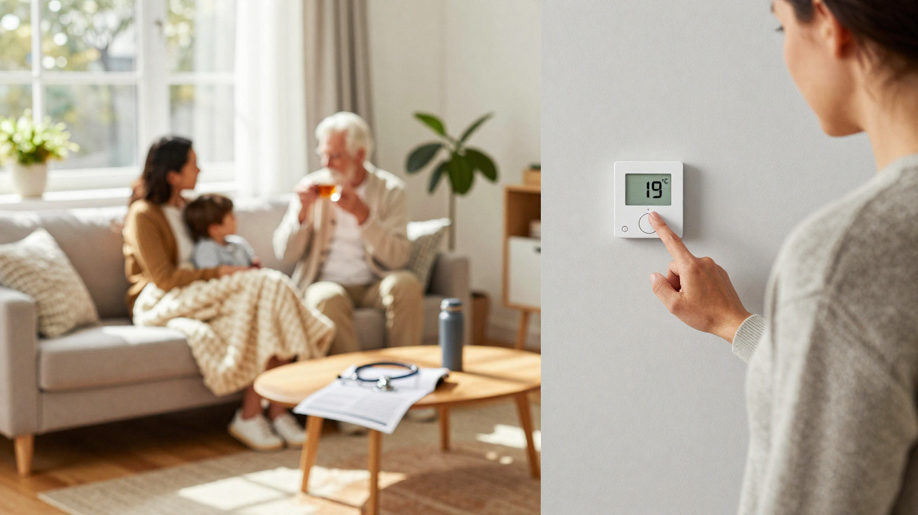 Person adjusting thermostat to 19°C with family sitting on a sofa in a sunlit living room.